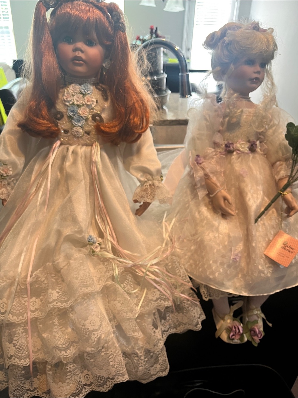 Vintage-Style  30” Porcelain Doll in Cream Lace Dress with Floral Accents